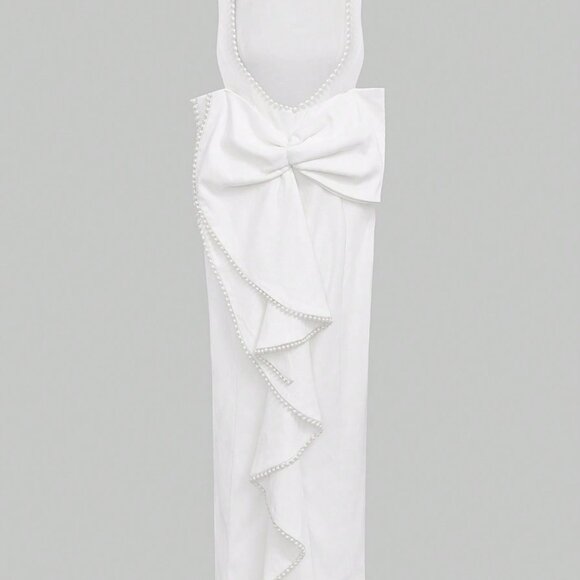 White Elegant Women's Pearl Bow Sexy Backless Dress - Picture 7 of 10